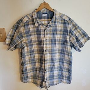 Columbia Short Sleeve Button Down Cotton Plaid Blue Yellow XL Extra Large